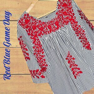 Spirit Dress Go Team! Blouse XS Embroidered Top Red Blue